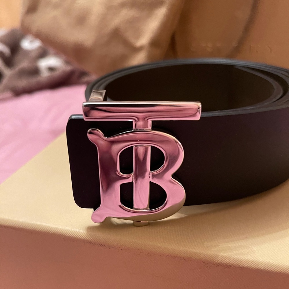 BURBERRY Reversible Monogram Motif Leather Belt -Silver Buckle - Size US34-85cm
